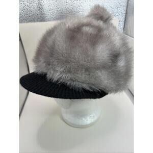 Faux Fur Hat Cap Knit Pompom & Visor One Size Black Gray Women’s